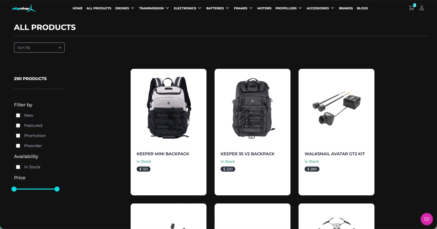 Skyshop FPV storefront showing the product catalog